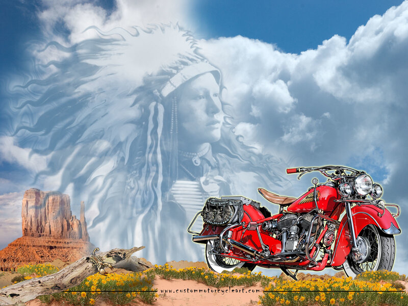 Red motorcycle in desert landscape