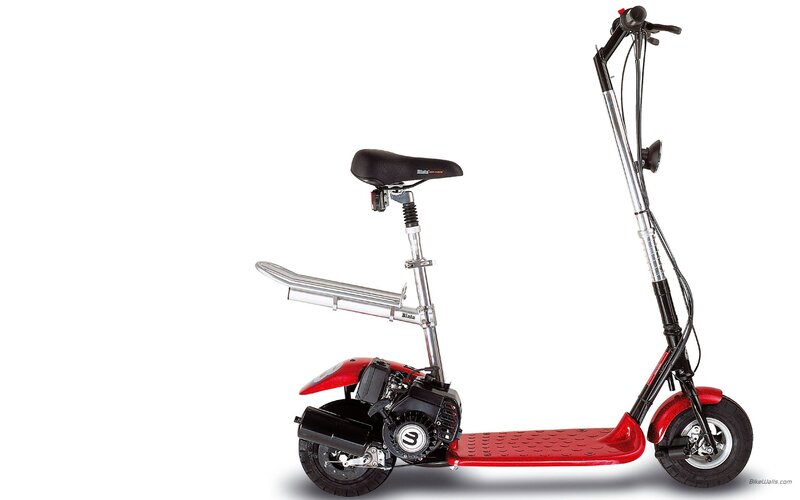 Red motorized scooter with seat