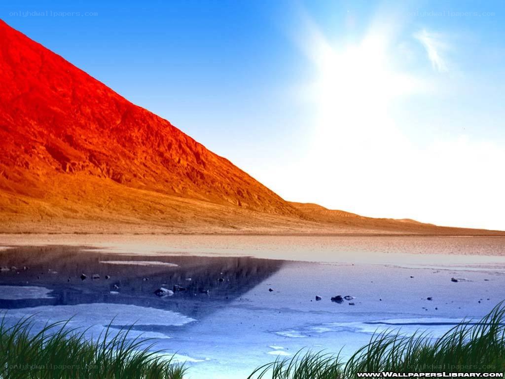 Red mountain lake landscape