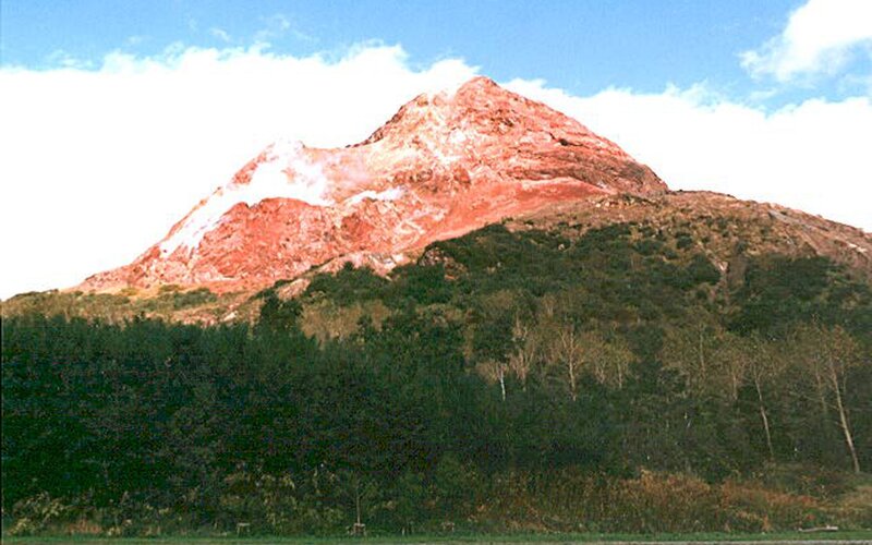 Red mountain with forest