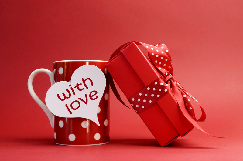 Red Mug and Gift Box — Romantic, Photograph