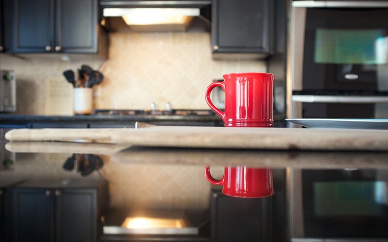 Red mug on kitchen counter
