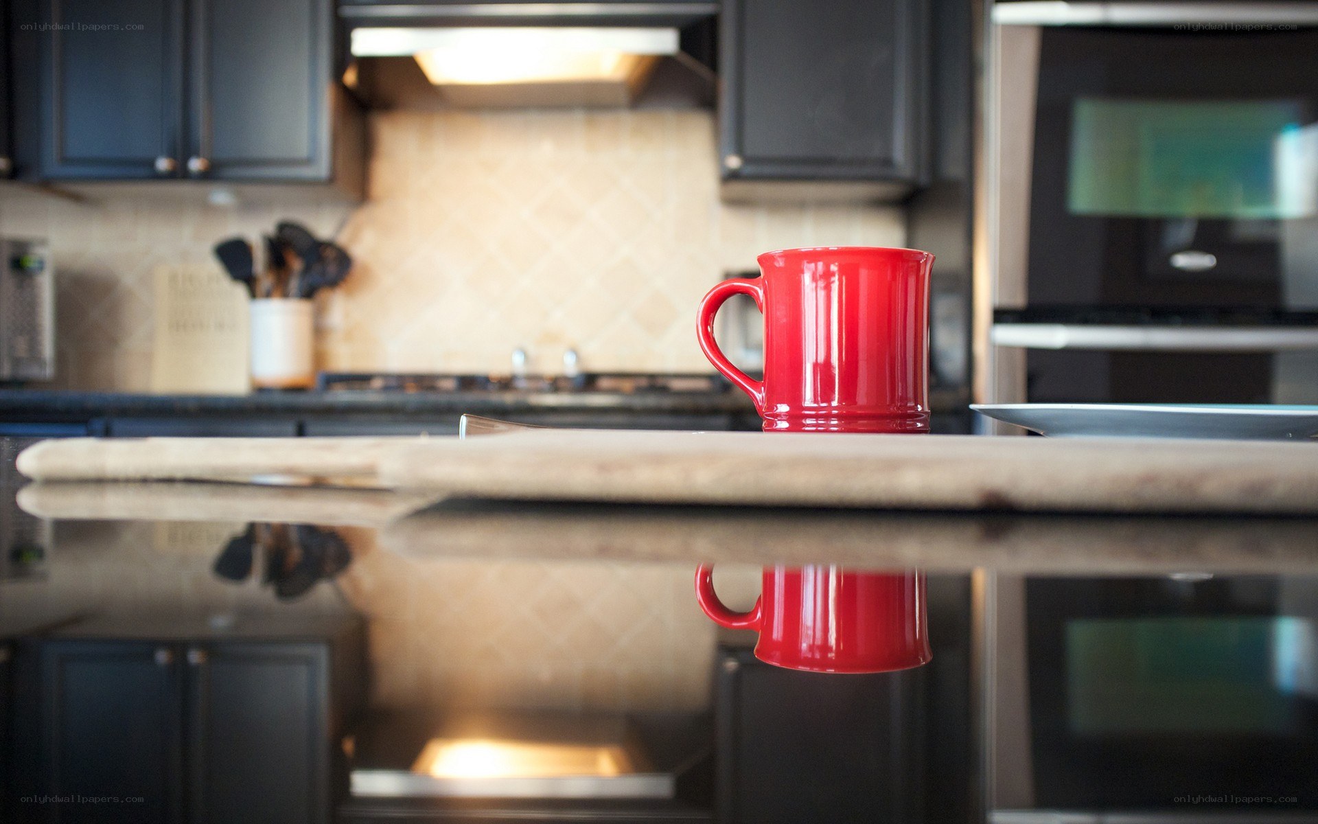 Red mug on kitchen counter