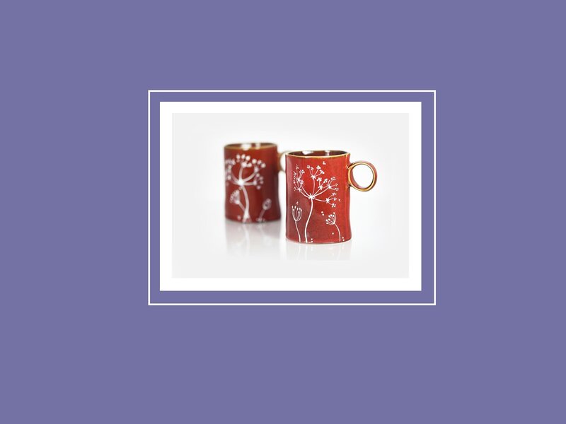 Red Mugs with Floral Design