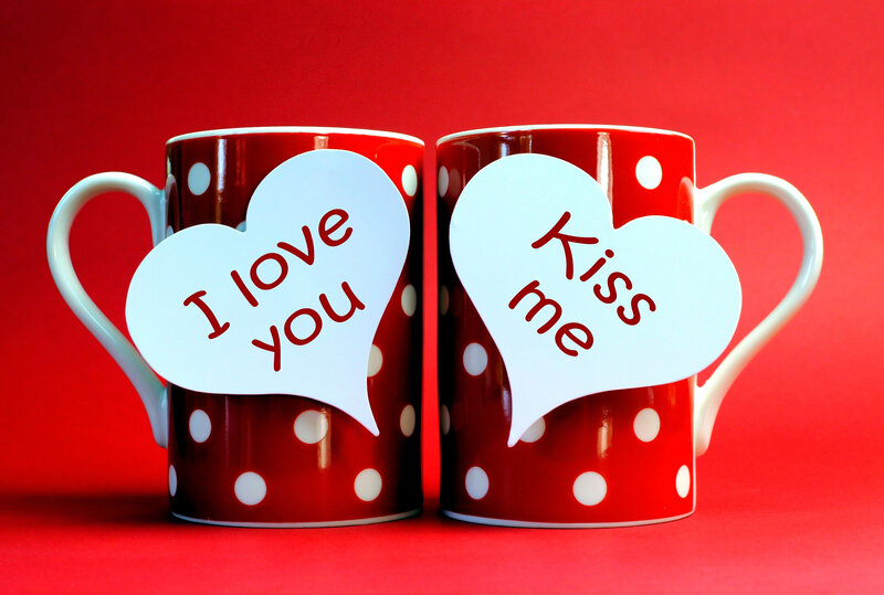 Red Mugs with Hearts — Romantic, Photograph