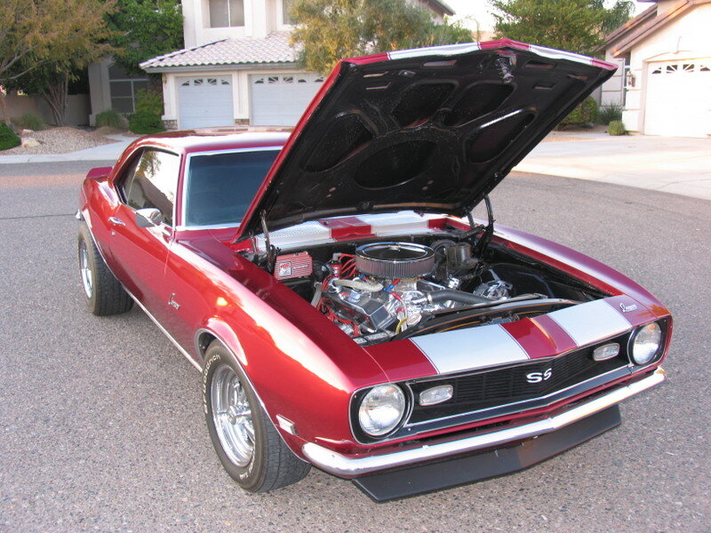 Red Muscle Car — Calm, Afternoon, Photograph, Hood Open