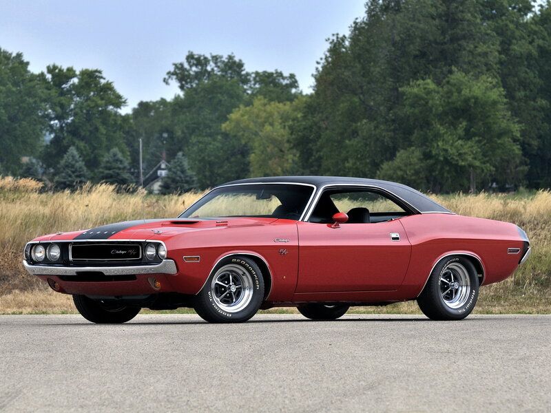 Red Muscle Car — Calm, Afternoon, Photograph, Trees, Field