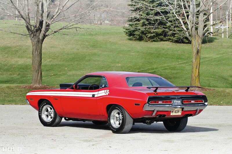 Red Muscle Car — Calm, Spring, Photograph, Trees
