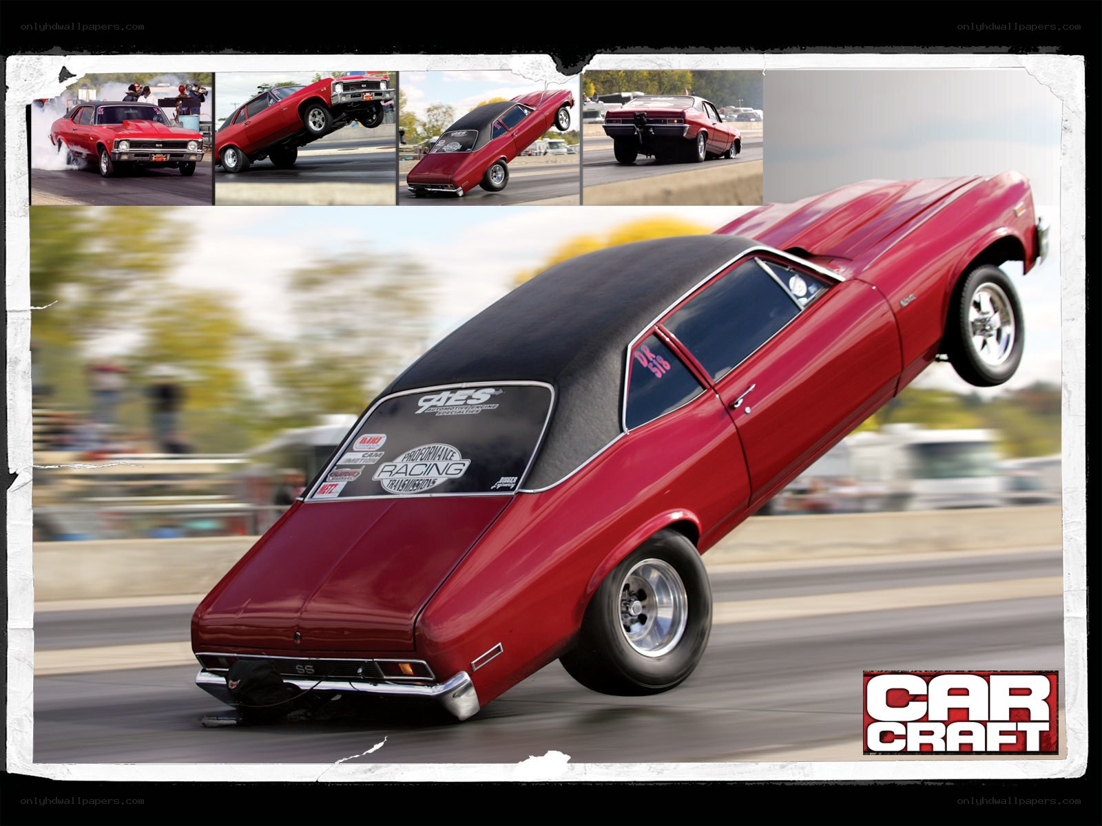 Red muscle car drag racing