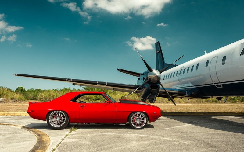 Red Muscle Car — Dramatic, Afternoon, Photograph, Airplane, Propeller