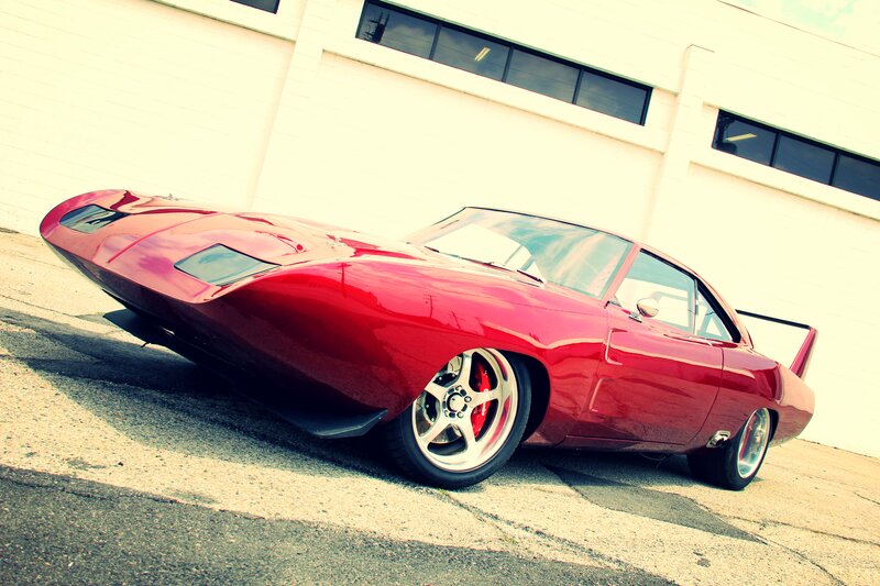 Red Muscle Car — Dramatic, Afternoon, Photograph, Building, Asphalt