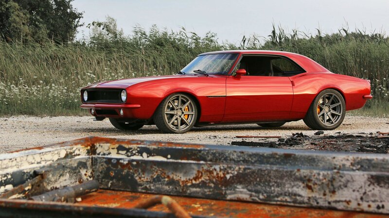 Red Muscle Car — Dramatic, Afternoon, Photograph, Gravel Road