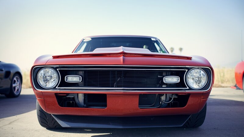 Red Muscle Car — Dramatic, Afternoon, Photograph, Grille