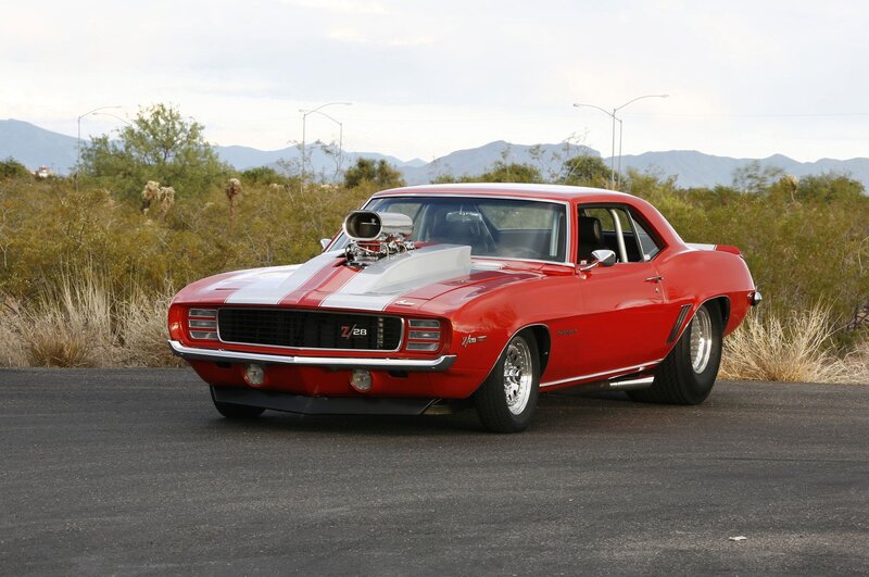Red Muscle Car — Dramatic, Afternoon, Photograph, Mountains