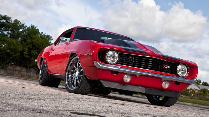 Red Muscle Car — Dramatic, Afternoon, Photograph, Trees, Sky, Road