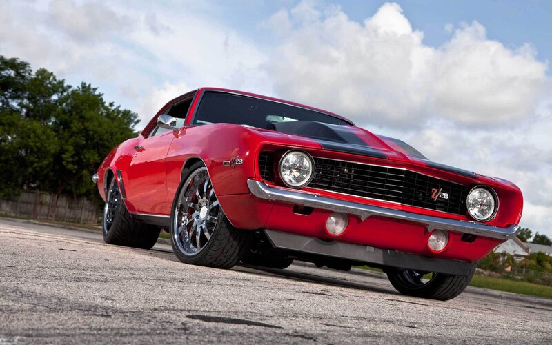 Red Muscle Car — Dramatic, Afternoon, Photograph, Trees, Sky