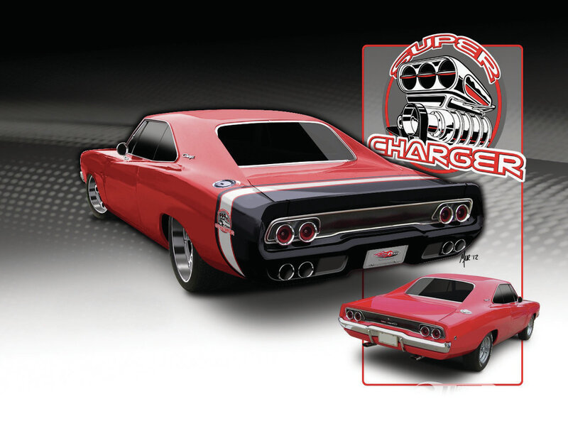 Red Muscle Car — Dramatic, Digital Art, Logo