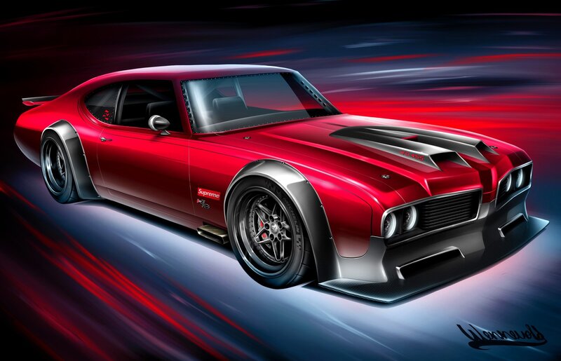Red Muscle Car — Dramatic, Digital Art, Supreme Logo