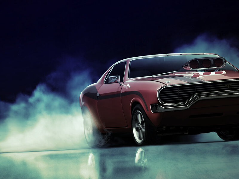 Red Muscle Car — Dramatic, Night, 3d Render