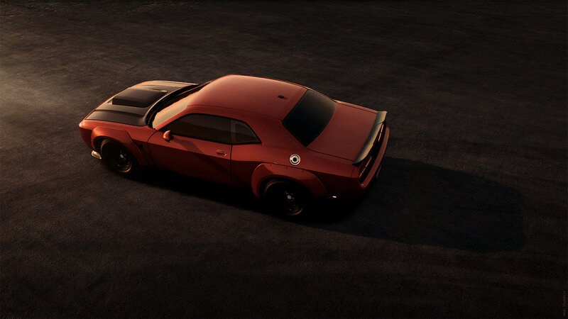 Red Muscle Car — Dramatic, Night, Digital Art, Asphalt