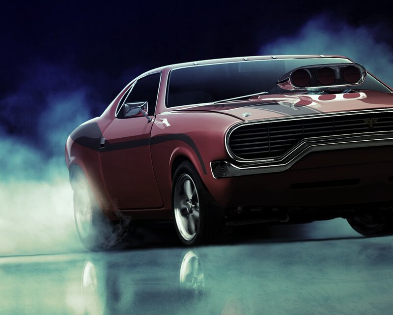 Red Muscle Car — Dramatic, Night, Digital Art, Smoke, Tires