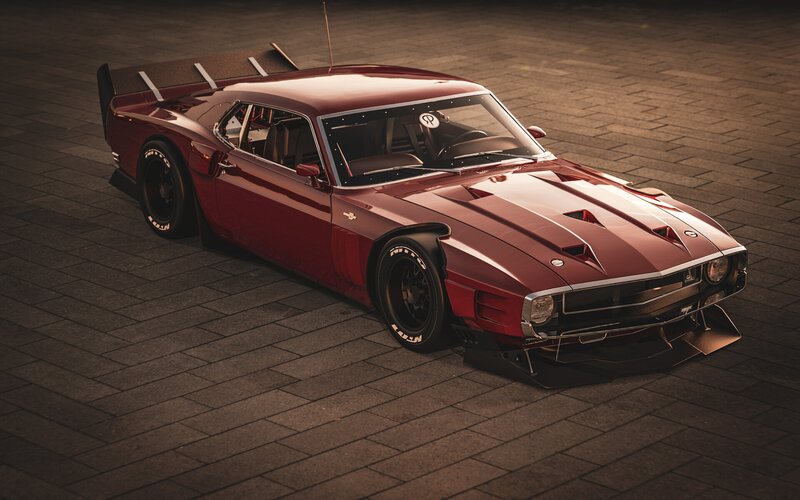Red Muscle Car — Dramatic, Night, Digital Art, Tires