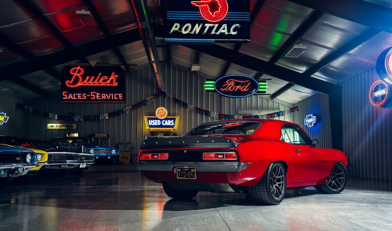 Red Muscle Car — Dramatic, Night, Photograph, Neon Signs