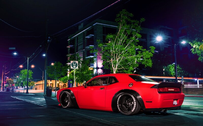 Red Muscle Car — Dramatic, Night, Photograph, Street