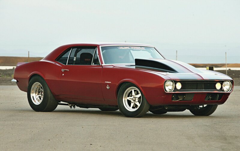 Red Muscle Car — Dramatic, Photograph, Black Hood Scoop