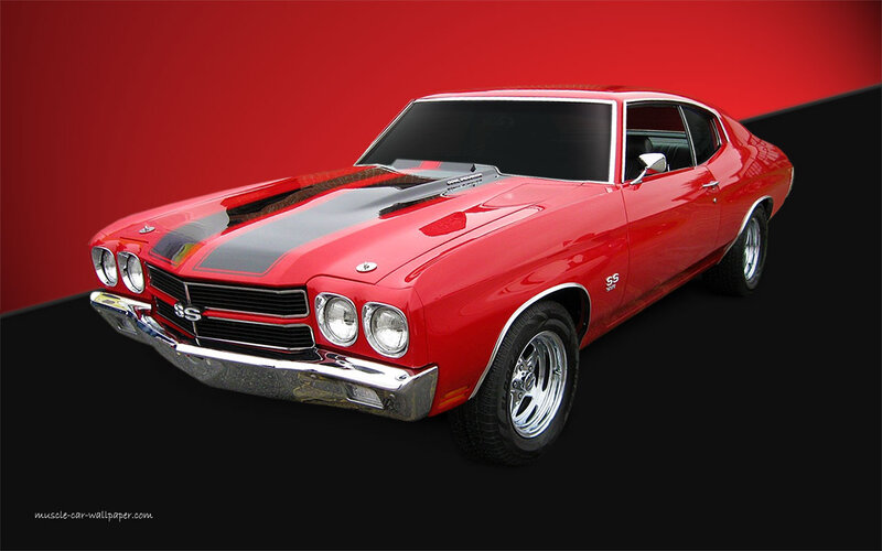 Red Muscle Car — Dramatic, Photograph, Black Hood Stripes