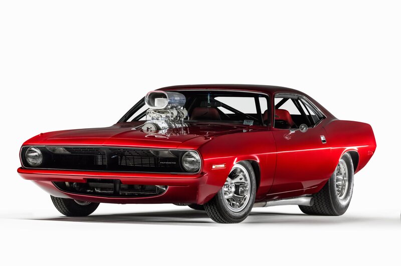 Red Muscle Car — Dramatic, Photograph, Engine, Chrome Wheels