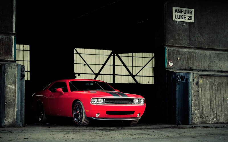 Red Muscle Car — Dramatic, Photograph, Garage, Sign