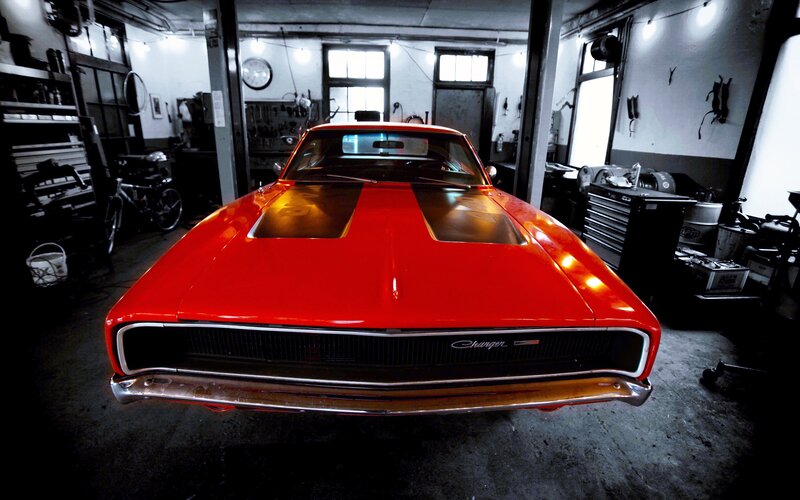 Red Muscle Car — Dramatic, Photograph, Garage, Tool Chest
