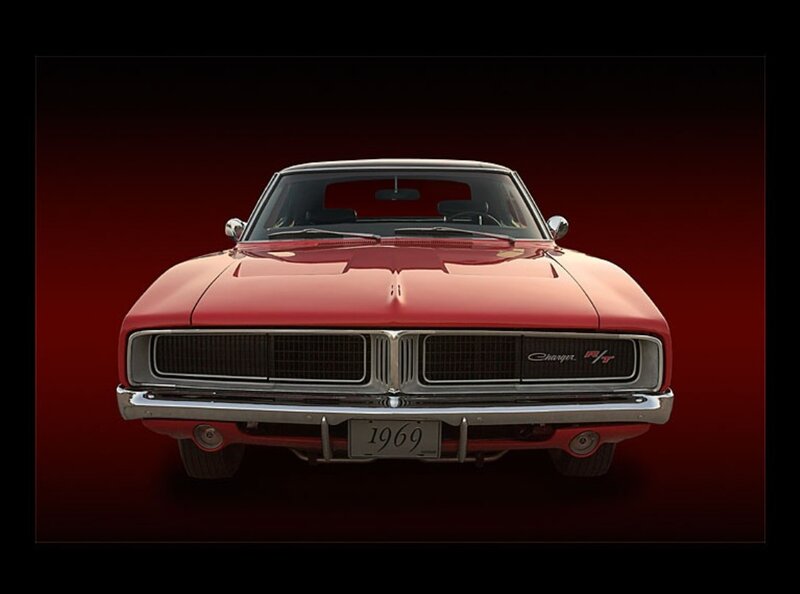Red Muscle Car — Dramatic, Photograph, Grille