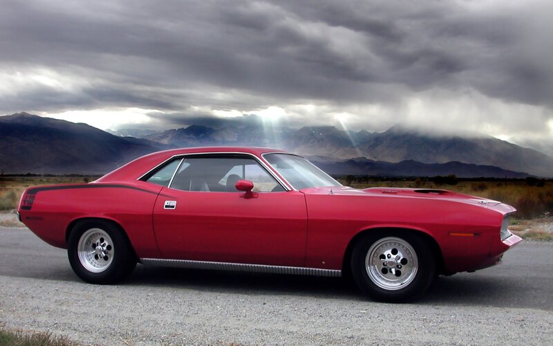 Red Muscle Car — Dramatic, Photograph, Mountains, Clouds