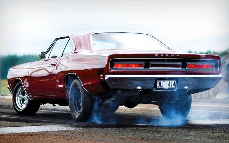 Red Muscle Car — Dramatic, Photograph, Smoke, Tires, Road