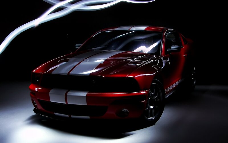 Red Muscle Car — Dramatic, Photograph, White Stripes, Light Streaks
