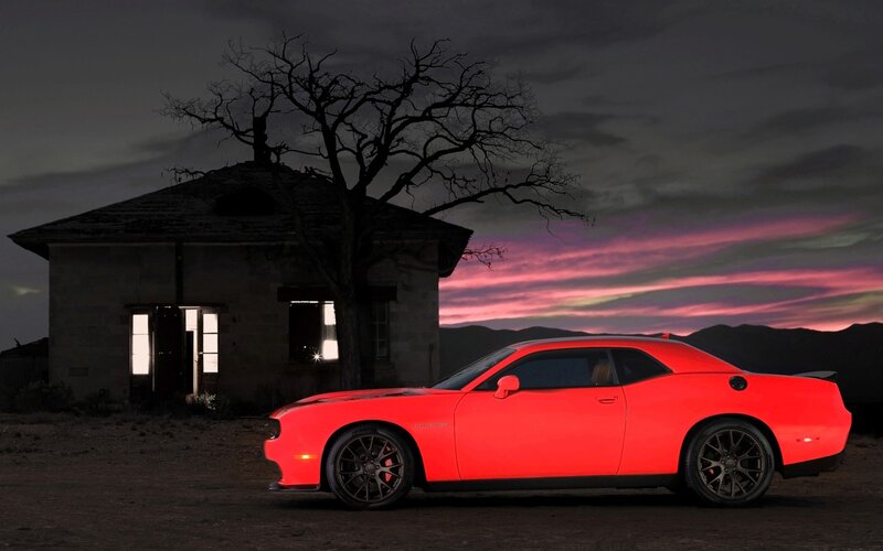 Red Muscle Car — Dramatic, Sunset, Photograph, Abandoned Building