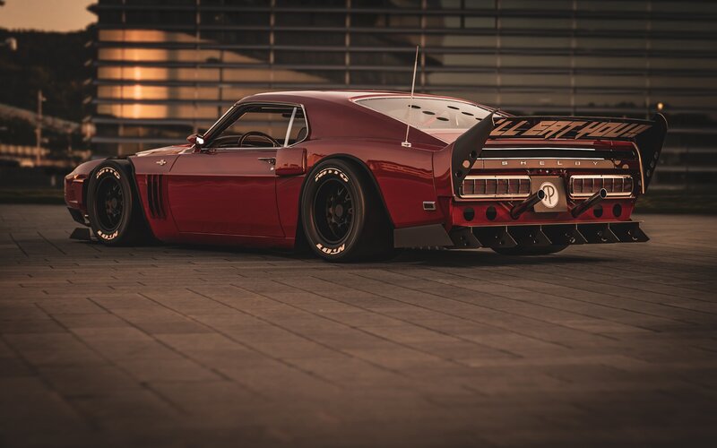 Red Muscle Car — Dramatic, Sunset, Photograph, Building