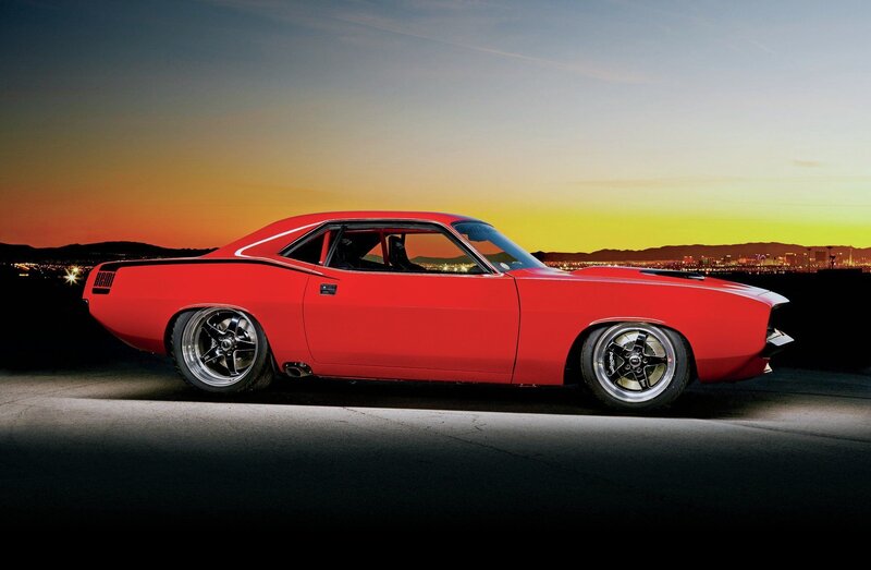 Red Muscle Car — Dramatic, Sunset, Photograph, City Lights, Mountains