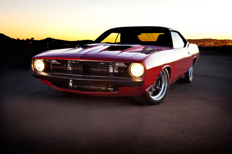 Red Muscle Car — Dramatic, Sunset, Photograph, City Lights