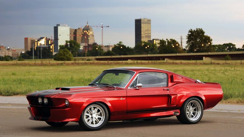 Red Muscle Car — Dramatic, Sunset, Photograph, City Skyline