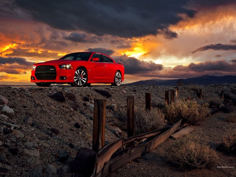Red Muscle Car — Dramatic, Sunset, Photograph, Desert, Wooden Fence