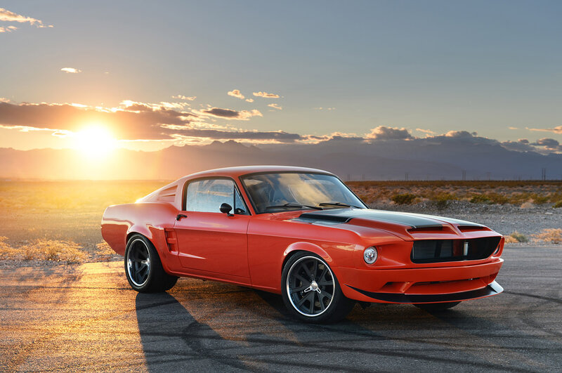 Red Muscle Car — Dramatic, Sunset, Photograph, Mountains