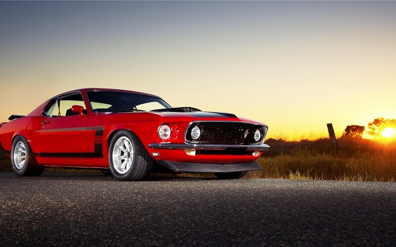 Red Muscle Car — Dramatic, Sunset, Photograph, Road, Black