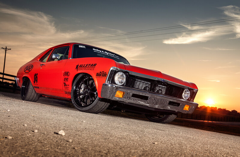 Red Muscle Car — Dramatic, Sunset, Photograph, Road, Fence