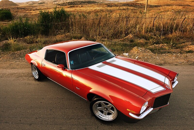 Red Muscle Car — Dramatic, Sunset, Photograph, Road, Field, Fence