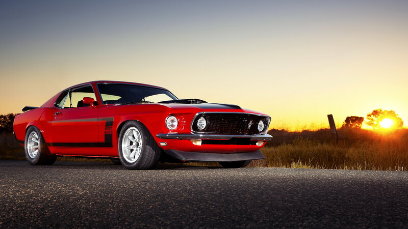 Red Muscle Car — Dramatic, Sunset, Photograph, Road, Field
