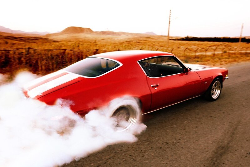 Red Muscle Car — Dramatic, Sunset, Photograph, Smoke