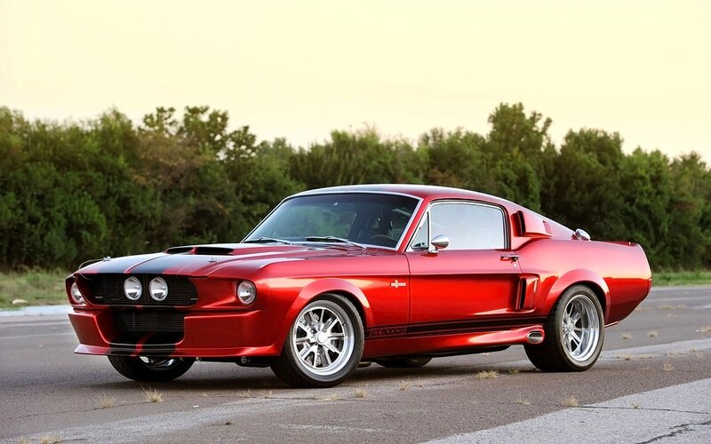 Red Muscle Car — Dramatic, Sunset, Photograph, Trees, Road